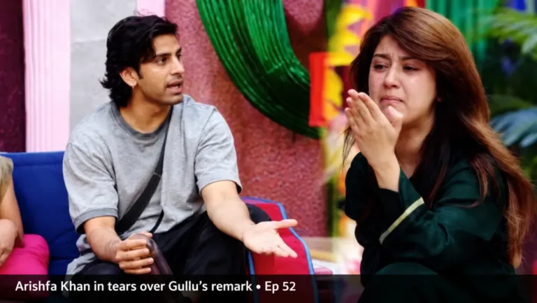 Bigg Boss 20 episode 52: a man in a grey T-shirt talks as a woman in a green outfit cries, captioned Arishfa Khan in tears over Gullu's remark
