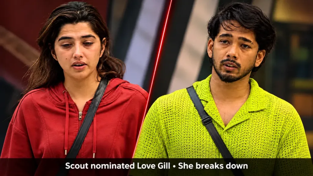 Bigg Boss 20 week 8 nominations: a woman in a red hoodie and a man in a green shirt in the house, captioned Scout nominated Love Gill, she breaks down