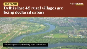 Aerial view of fields and Delhi villages beside the Najafgarh drain in west Delhi