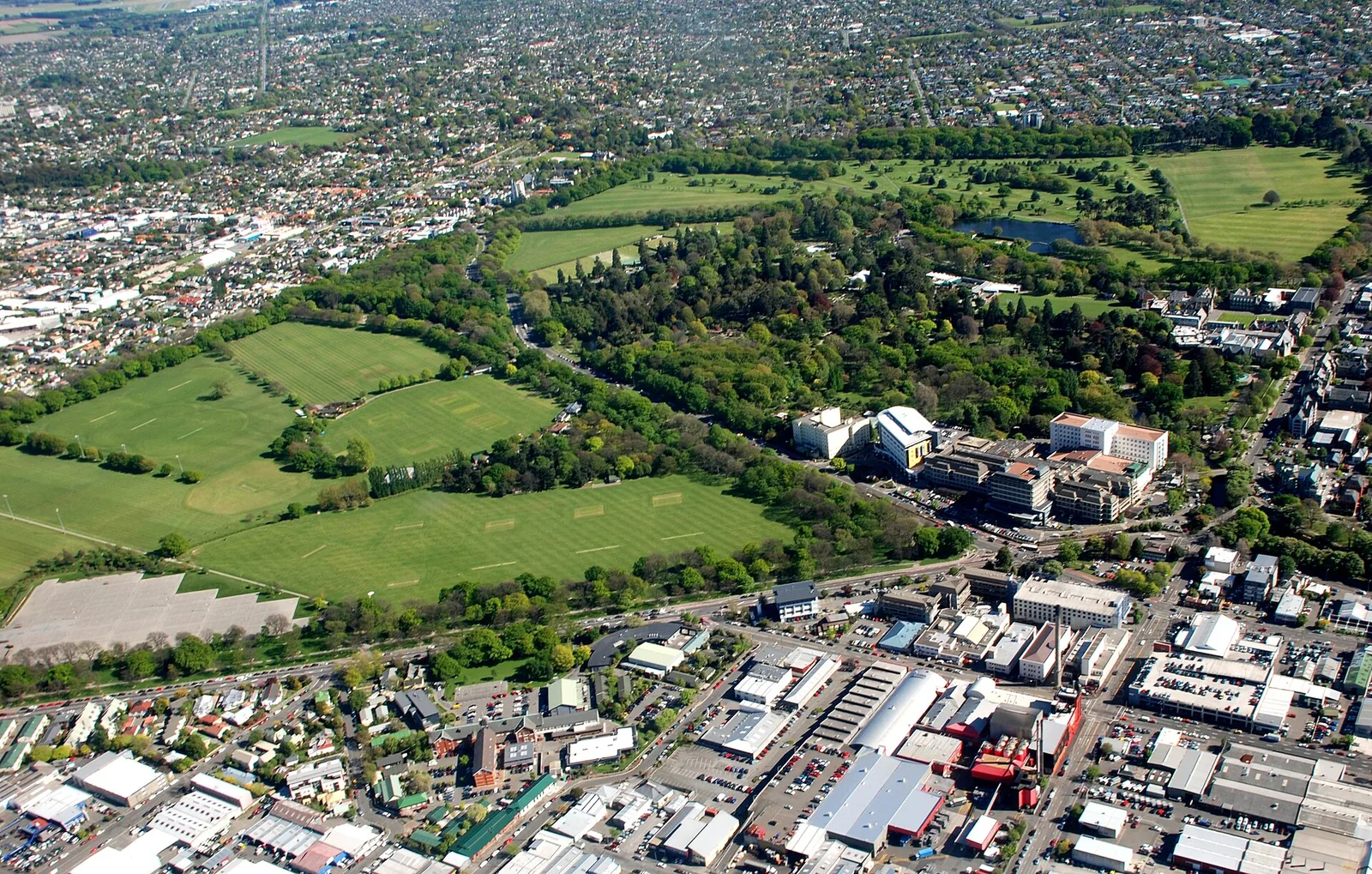 Aerial view of Hagley Park in Christchurch, home of Hagley Oval