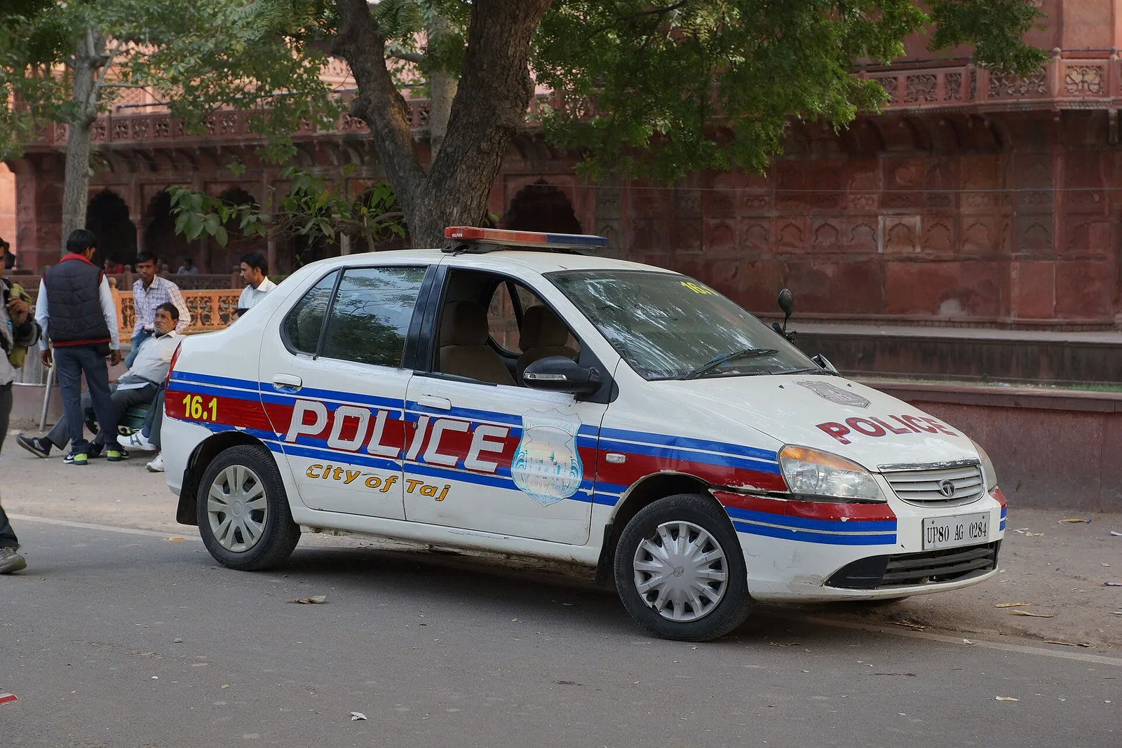 Agra police patrol car parked on a street in Agra