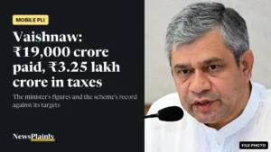 Ashwini Vaishnaw speaking at a microphone, file photo, on mobile PLI scheme taxes