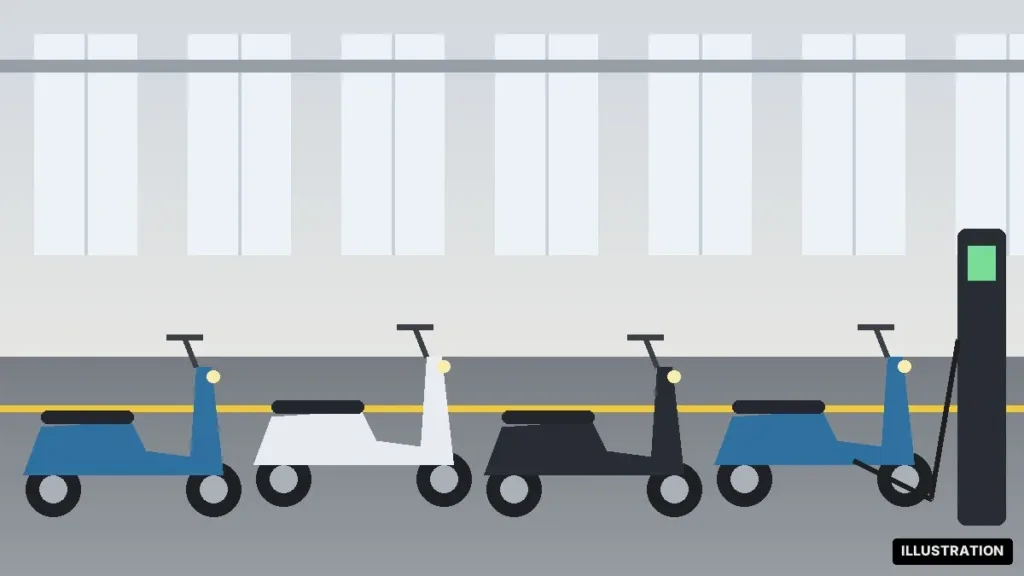 Ather Energy Q2 results illustration of electric scooters on a factory floor beside a charger