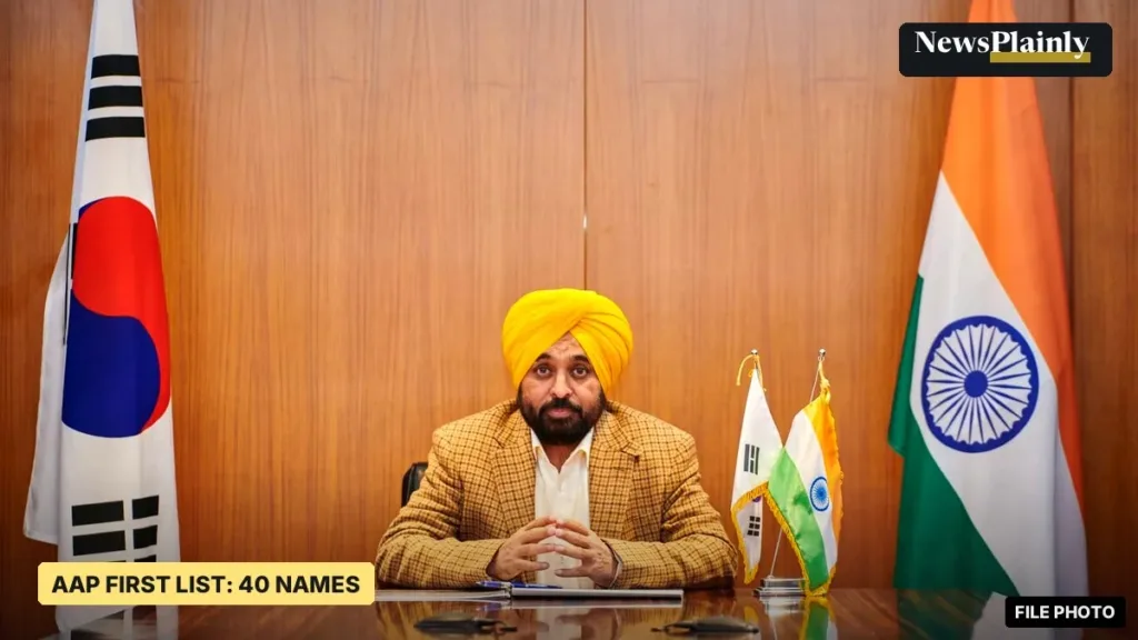 Bhagwant Mann seated at a table between Indian and Korean flags, AAP Punjab candidates file photo