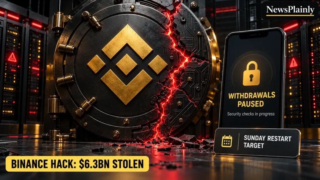Illustration: a cracked vault door with the Binance logo, beside a phone reading withdrawals paused