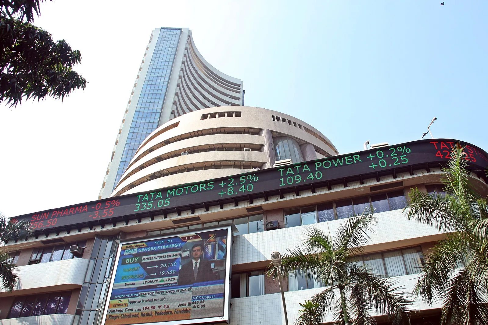BSE building on Dalal Street in Mumbai with a share price ticker, file photo