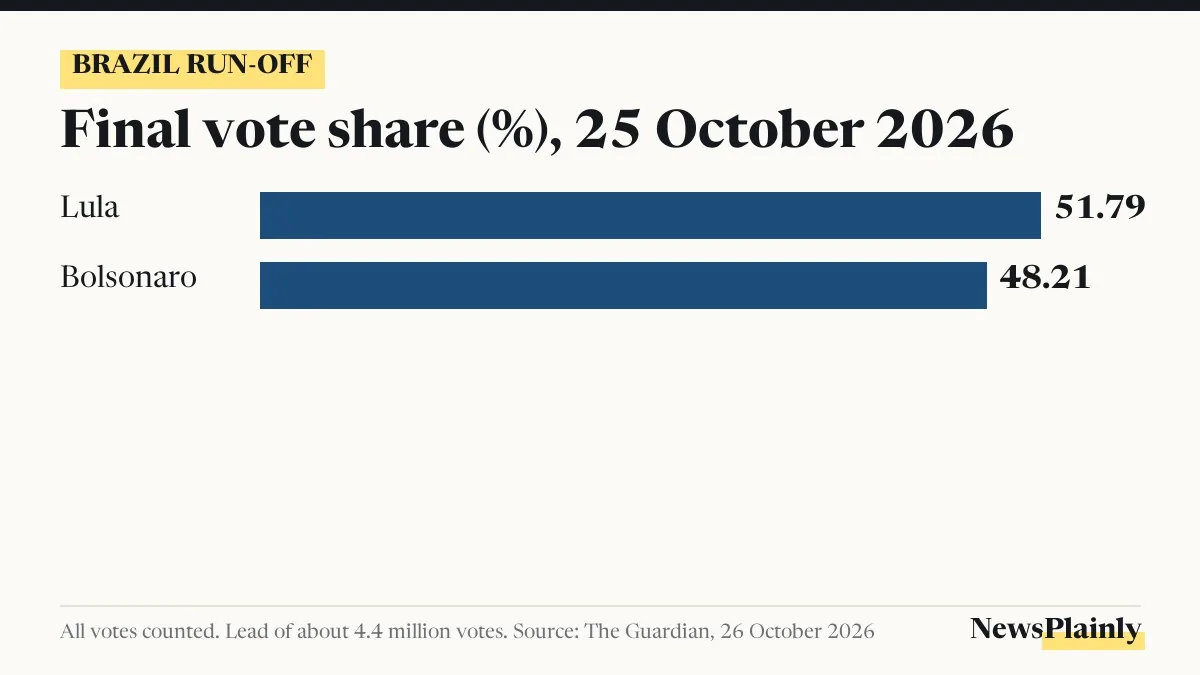 Brazil election result card: Lula 51.79% and Flávio Bolsonaro 48.21% in the 25 October run-off