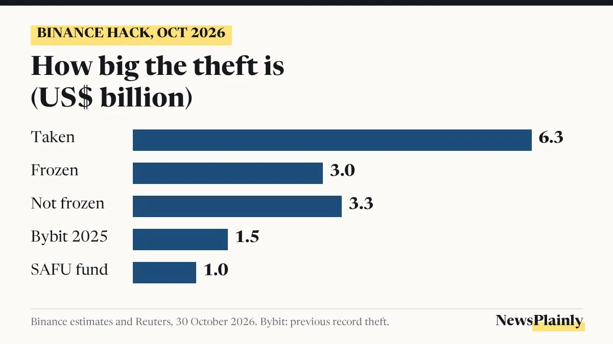 Bar chart of the Binance hack: about 6.3 billion dollars taken, 3 billion frozen, 3.3 billion not frozen, against Bybit's 1.5 billion and Binance's 1 billion SAFU fund