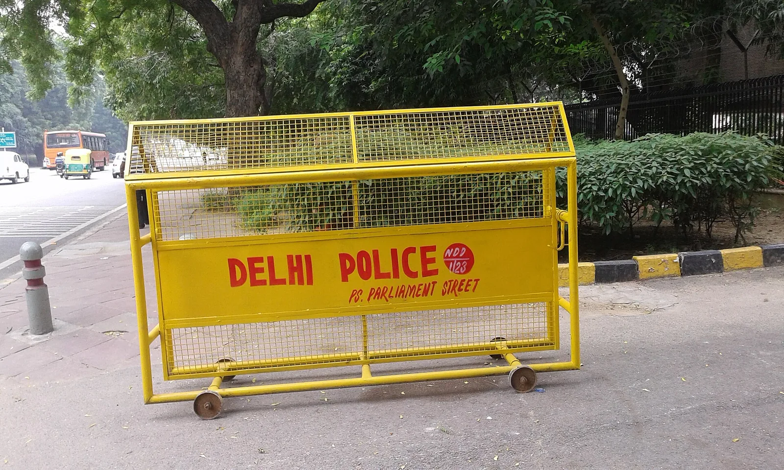 Delhi Police barricade on Parliament Street near the anti-SIR protest route, Neha Bora case