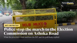 Delhi Police barricade on Parliament Street, near the anti-SIR protest route