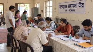 Voters fill Form 6 with officials at a voter help centre during Delhi SIR claims