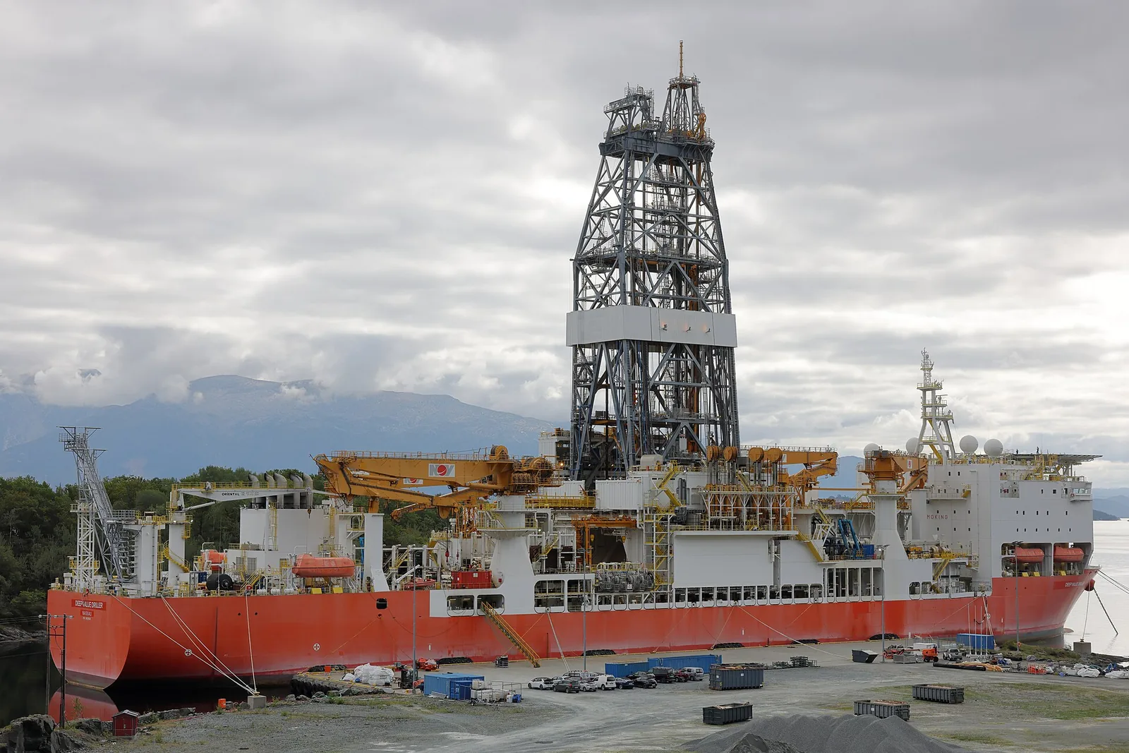 Drillship of the kind used for deepwater well drilling, docked in Norway