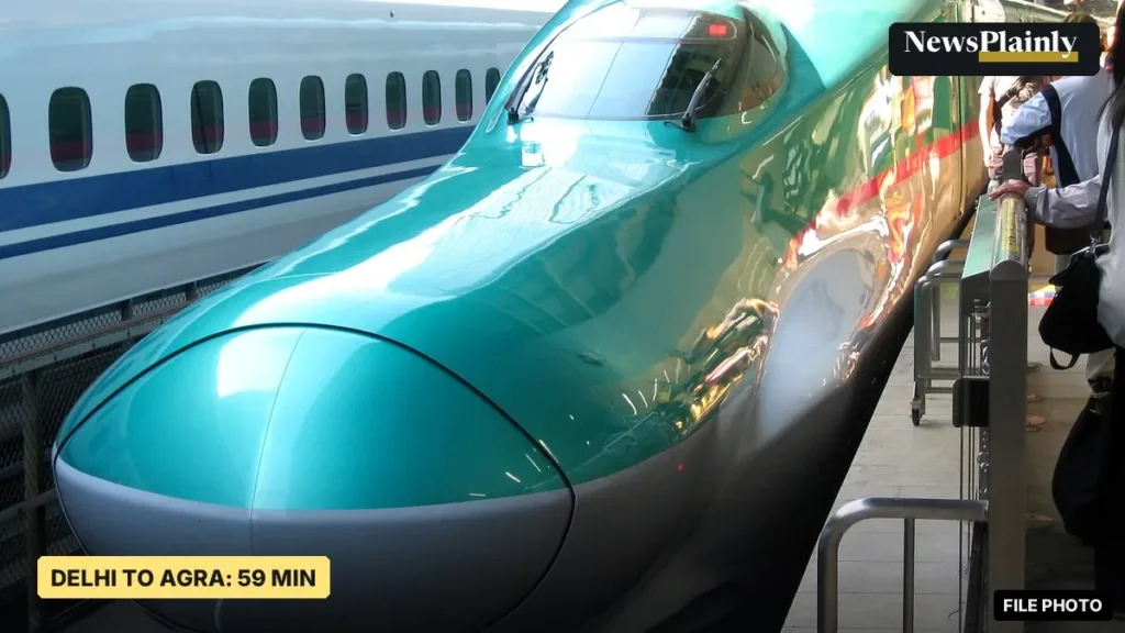 E5 series Shinkansen bullet train at a platform in Japan, bullet train corridor file photo