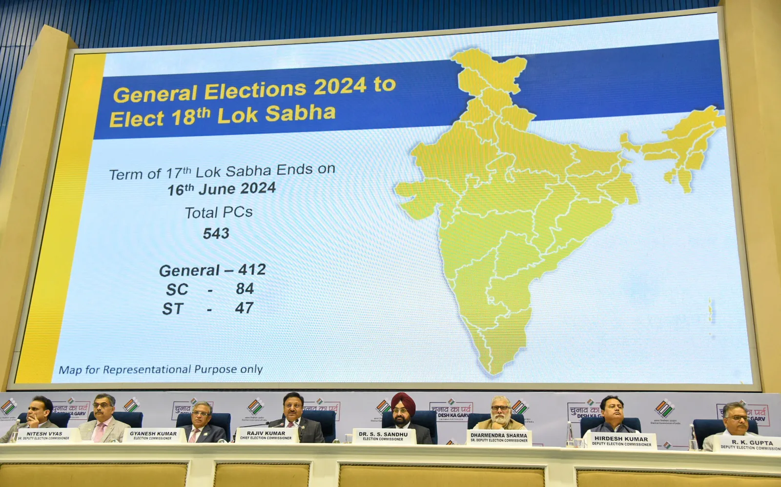 Election Commissioners Gyanesh Kumar and Sukhbir Singh Sandhu with then CEC Rajiv Kumar, March 2024 file photo