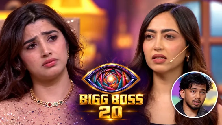 Reality TV card for the Bigg Boss 20 Love Gill row, three figures on a stage