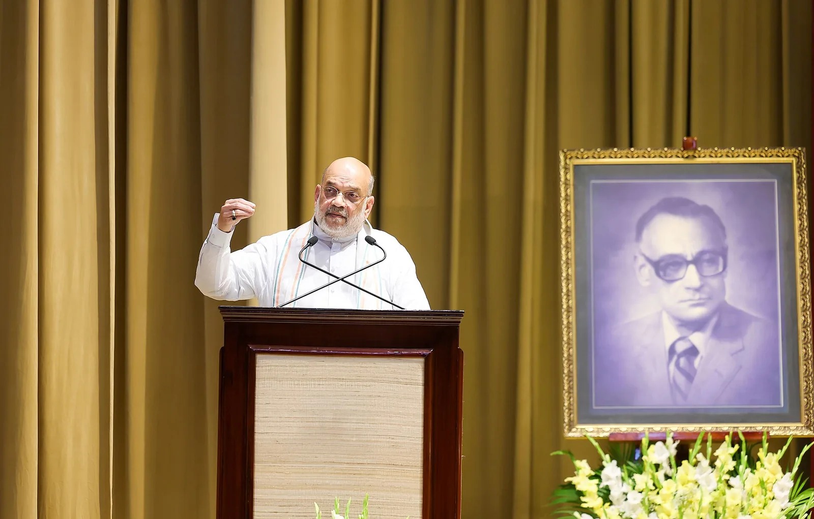 File photo of Amit Shah speaking at the R N Kao Memorial Lecture in May 2026, the Home Minister named in the Sultanpur court case