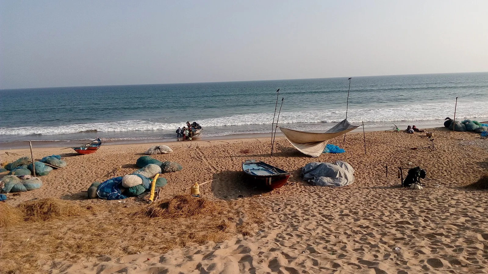 Fishing nets and boats on Gopalpur beach in Ganjam, Odisha