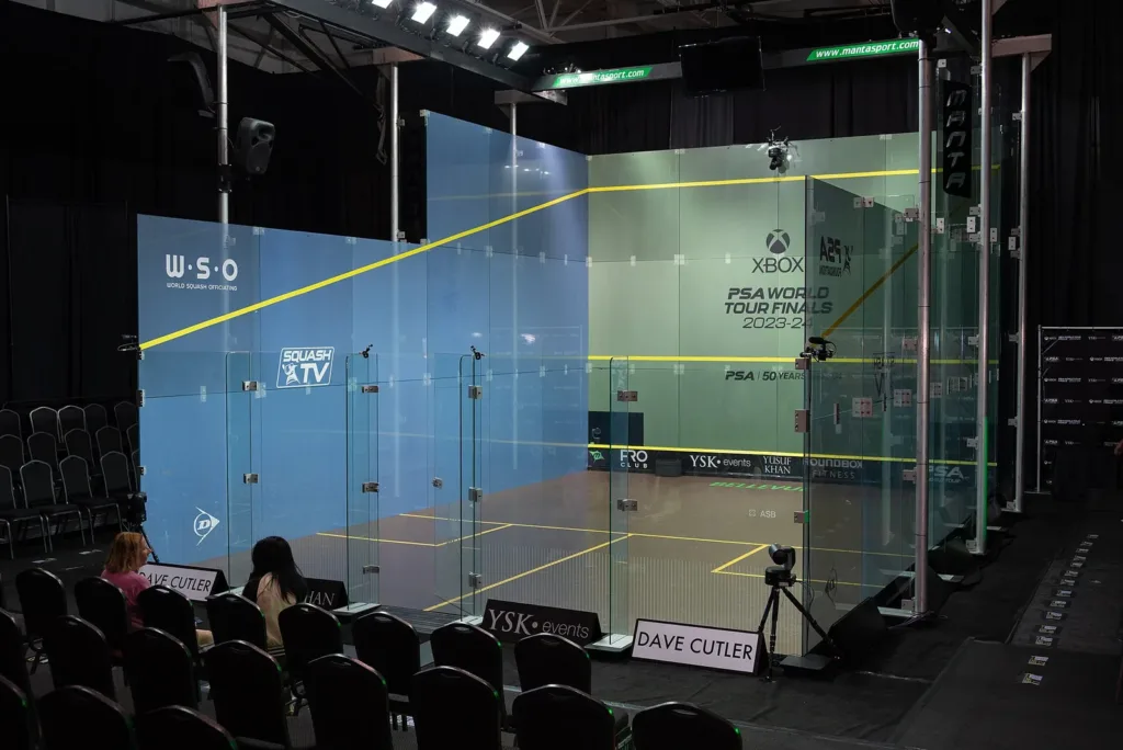 Glass squash court at the PSA World Tour Finals, as Anahat Singh beats Nour ElSherbini