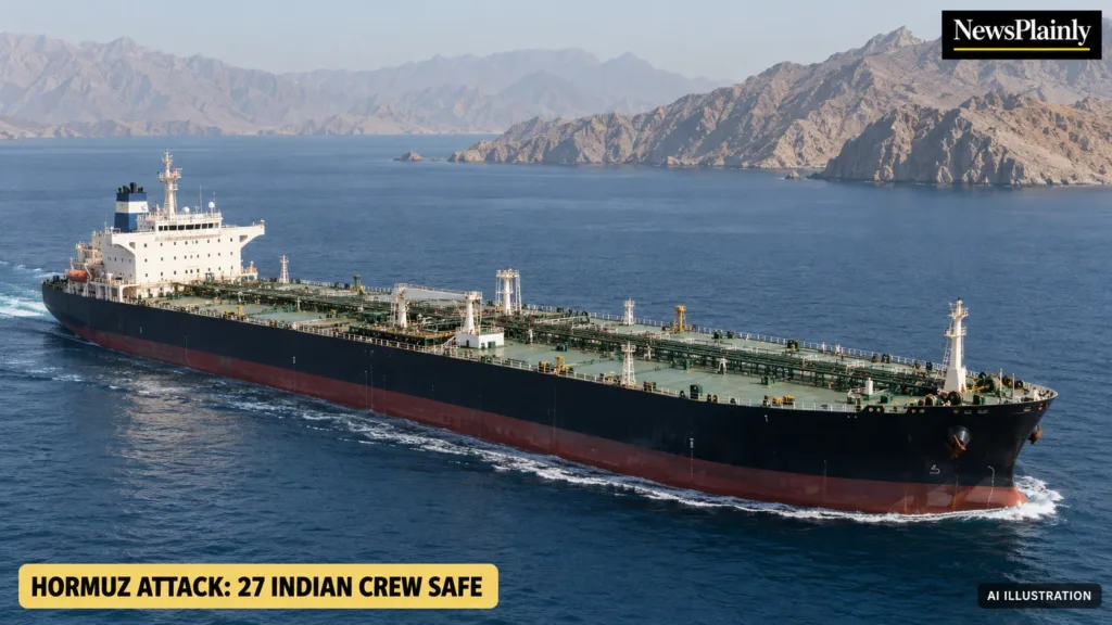 Illustration: a crude oil tanker sailing past rocky mountains in a narrow sea strait
