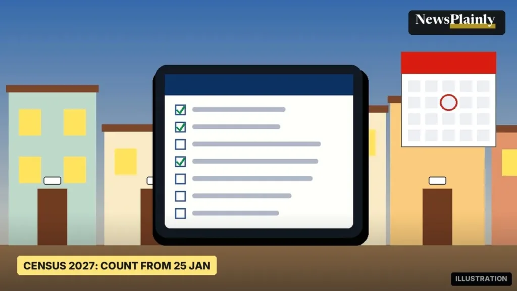 Illustration of a census form on a tablet in front of a row of houses, census 2027 dates