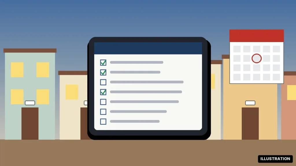 Illustration of a census form on a tablet in front of a row of houses, census 2027 dates