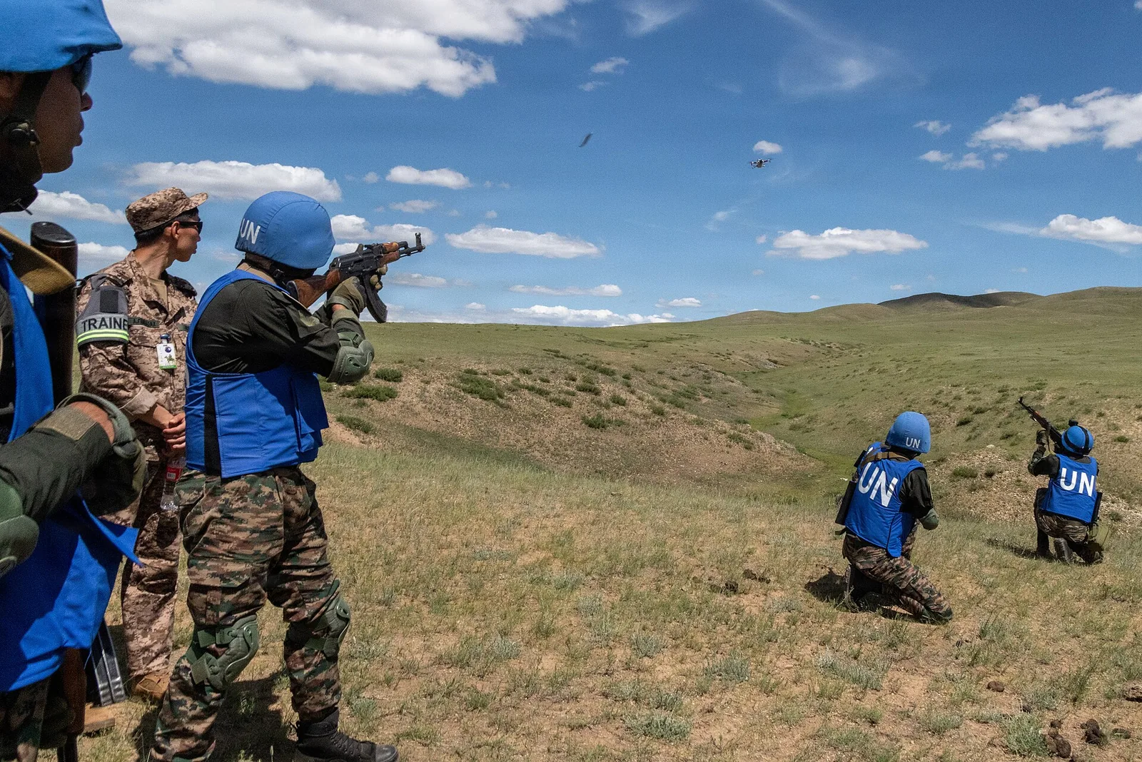 Indian Army soldiers fire at a small drone during training at the Khaan Quest 2026 exercise in Mongolia