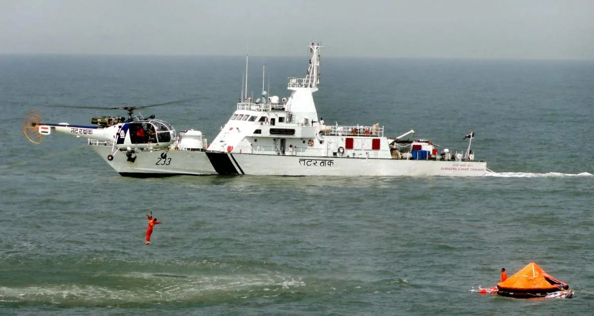 Indian Coast Guard Chetak helicopter lifting a person from water in a 2014 rescue drill, file photo