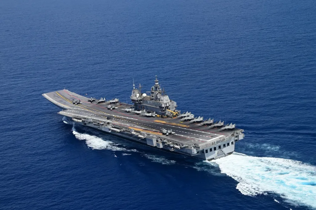 INS Vikrant at sea with MiG-29K jets on deck, May 2025 file photo, before the Rafale Marine landing