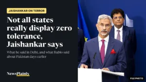 Jaishankar on terrorism: S. Jaishankar speaking at a podium, file photo
