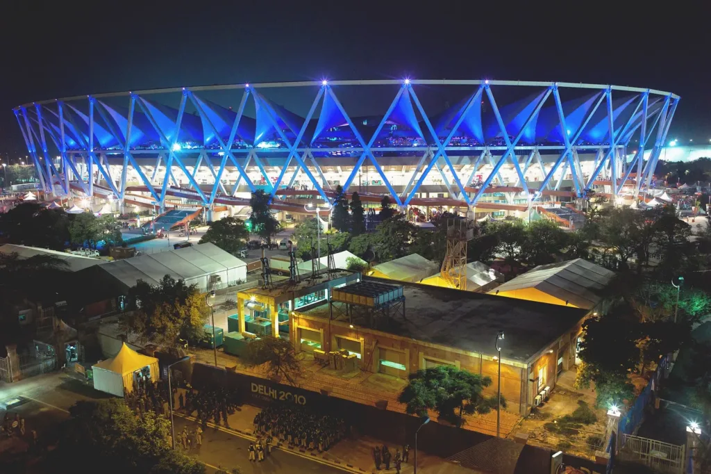 Jawaharlal Nehru Stadium in Delhi lit up at night, venue of the Diljit Delhi concert, 2010 file photo