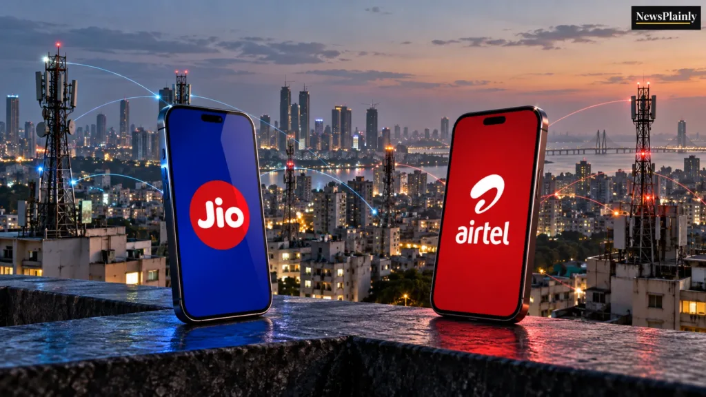 Illustration: two phones showing the Jio and Airtel logos, with telecom towers and a city skyline behind