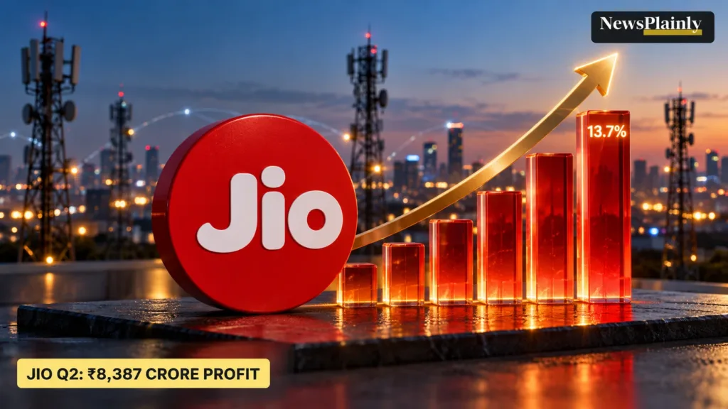 Jio Platforms Q2 results illustration: Jio logo beside rising red bars and telecom towers, with the line Jio Q2: ₹8,387 crore profit