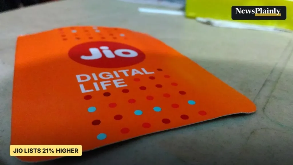 Jio SIM card packet with the Jio logo, as Jio share price lists 21% higher