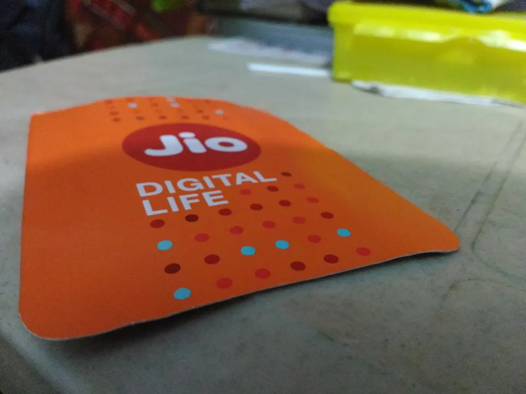 Jio SIM card packet with the Jio logo, as Jio share price lists 21% higher
