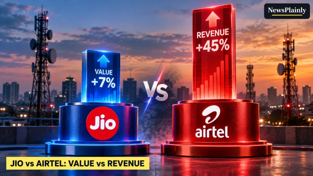 Illustration: a blue Jio pillar marked value +7% and a taller red Airtel pillar marked revenue +45%, with telecom towers behind