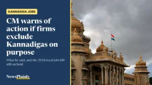Domes of Vidhana Soudha in Bengaluru under a stormy sky as the Kannadiga jobs row grows