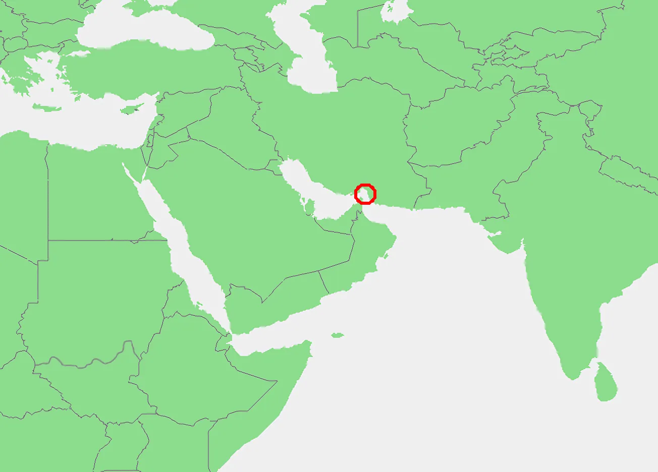 Map marking the Strait of Hormuz between Iran and Oman, with India to the east