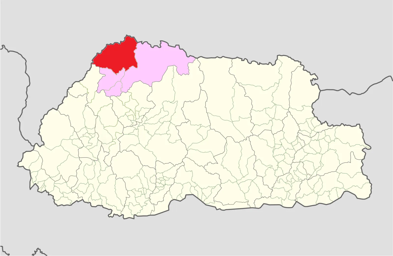 Map of Bhutan with Laya Gewog in Gasa district, where Shintaphu Lake lies, marked in red