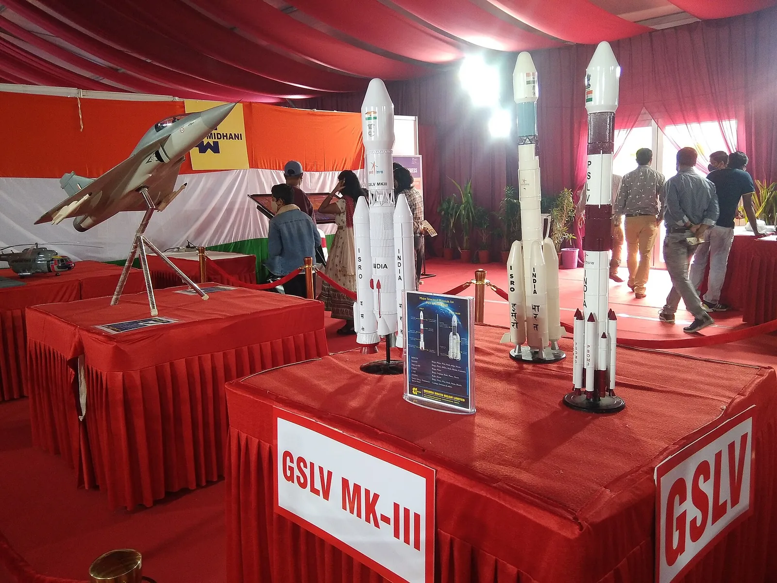 Models of ISRO's GSLV Mk III, GSLV and PSLV rockets at an exhibition