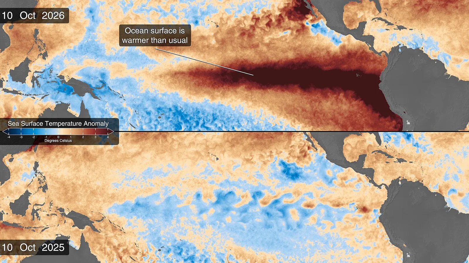 NASA map of warm Pacific sea surface temperature on 10 October 2026, a sign of El Nino 2026