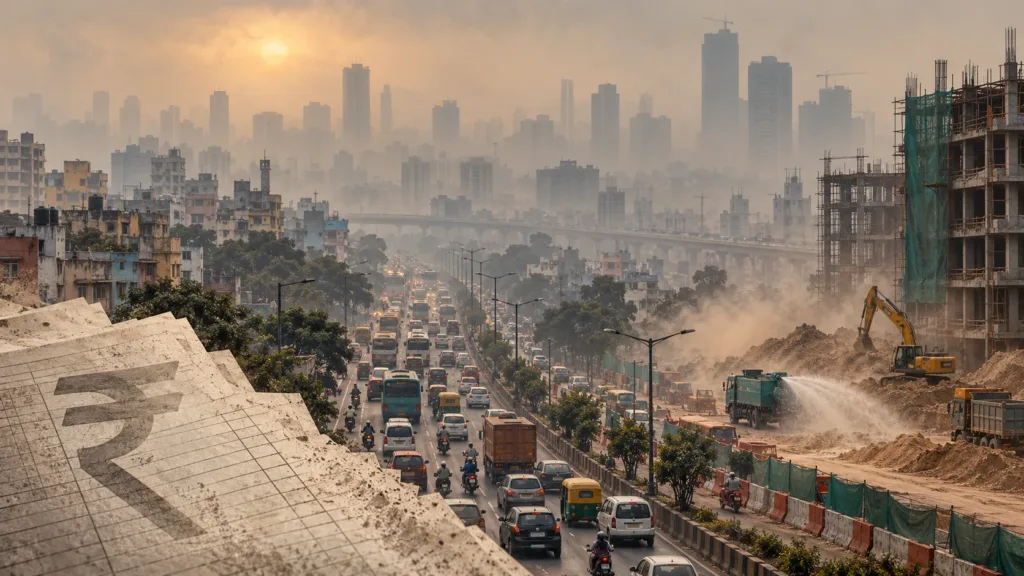 AI-generated illustration of a hazy Indian city skyline with heavy traffic, construction dust and a water-sprinkler truck, for the NCAP air pollution story