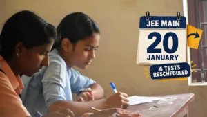 AI-generated illustration of two students writing an exam at a desk, with a calendar card reading JEE Main 20 January, 4 tests rescheduled