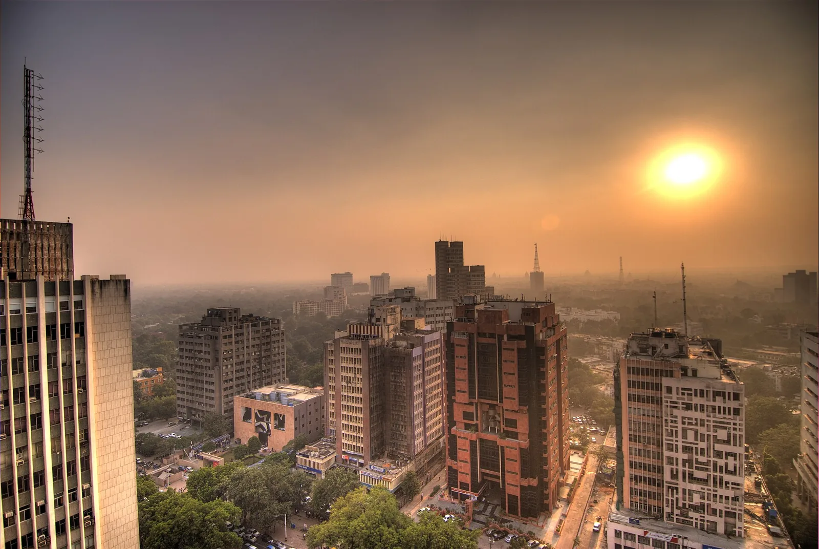 Office towers around Connaught Place in New Delhi at sunset, file photo