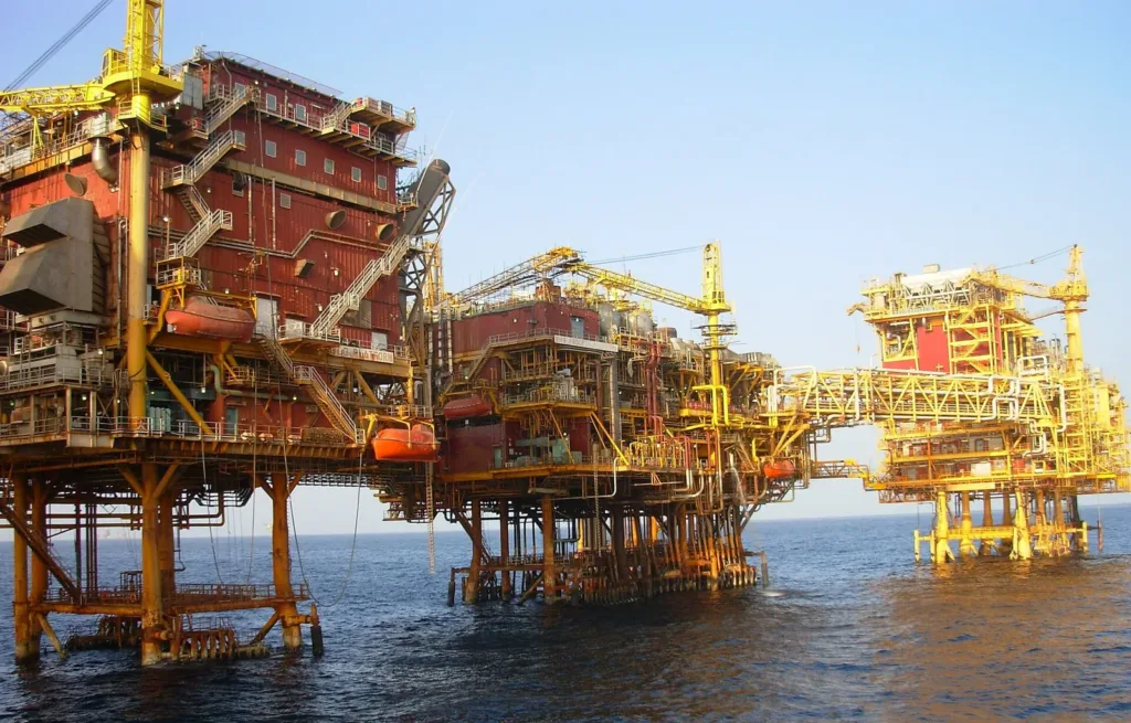 Offshore oil and gas platform at sea, representing the Oil India gas discovery
