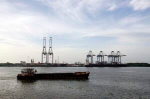 Oil tanker sailing past Cochin Port as Brent crude prices rise