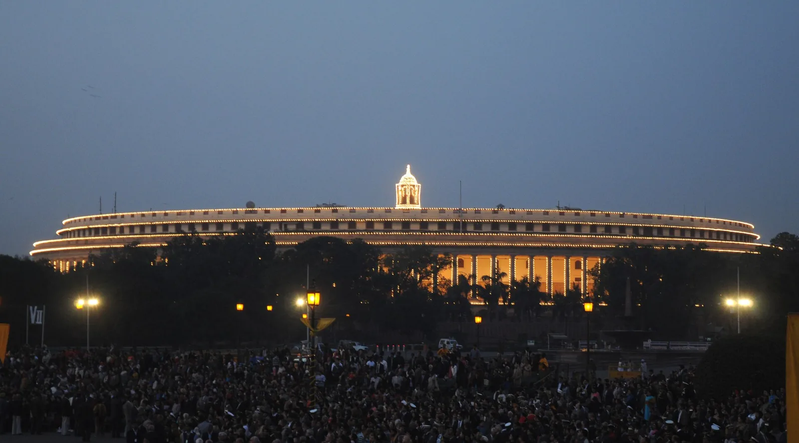 Parliament House in New Delhi lit up at dusk, file photo from January 2010