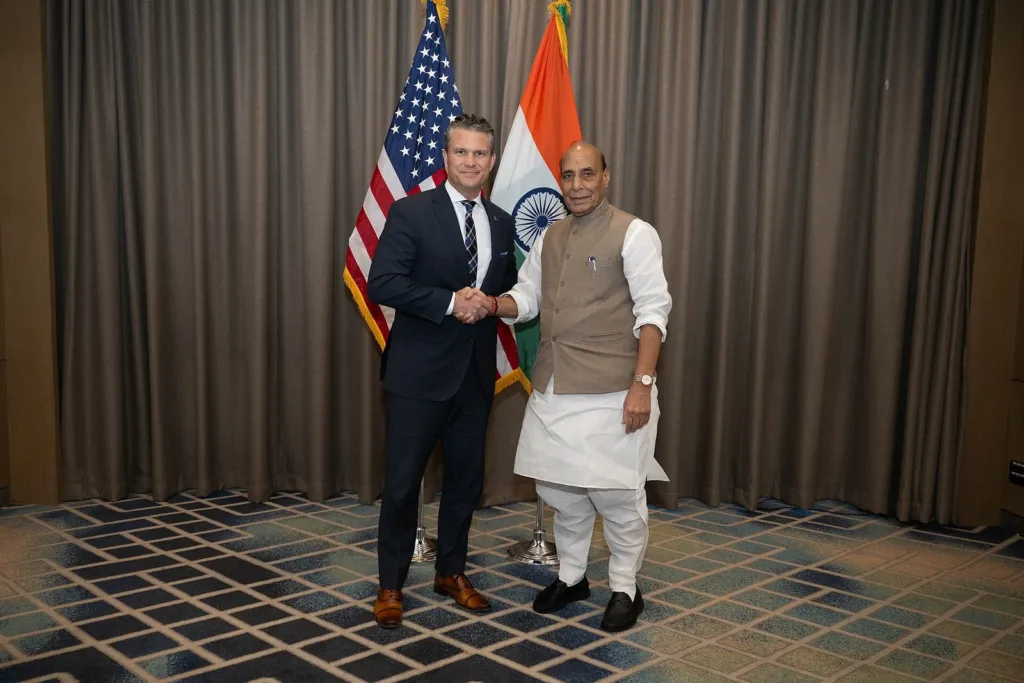 Pete Hegseth and Rajnath Singh shake hands at the 13th ADMM-Plus in Cebu, India-US defence pact review
