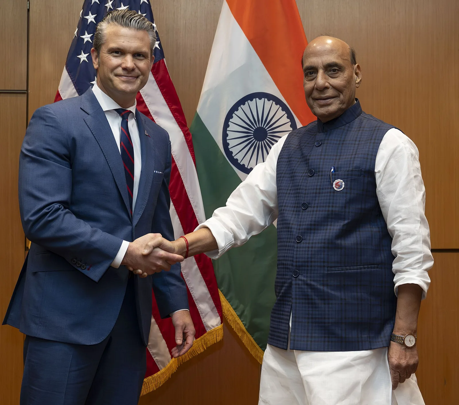 Pete Hegseth and Rajnath Singh shake hands before talks in Kuala Lumpur on 31 October 2025