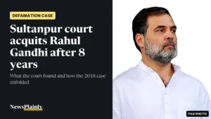 Rahul Gandhi defamation case card with a 2025 file photo of the Congress leader