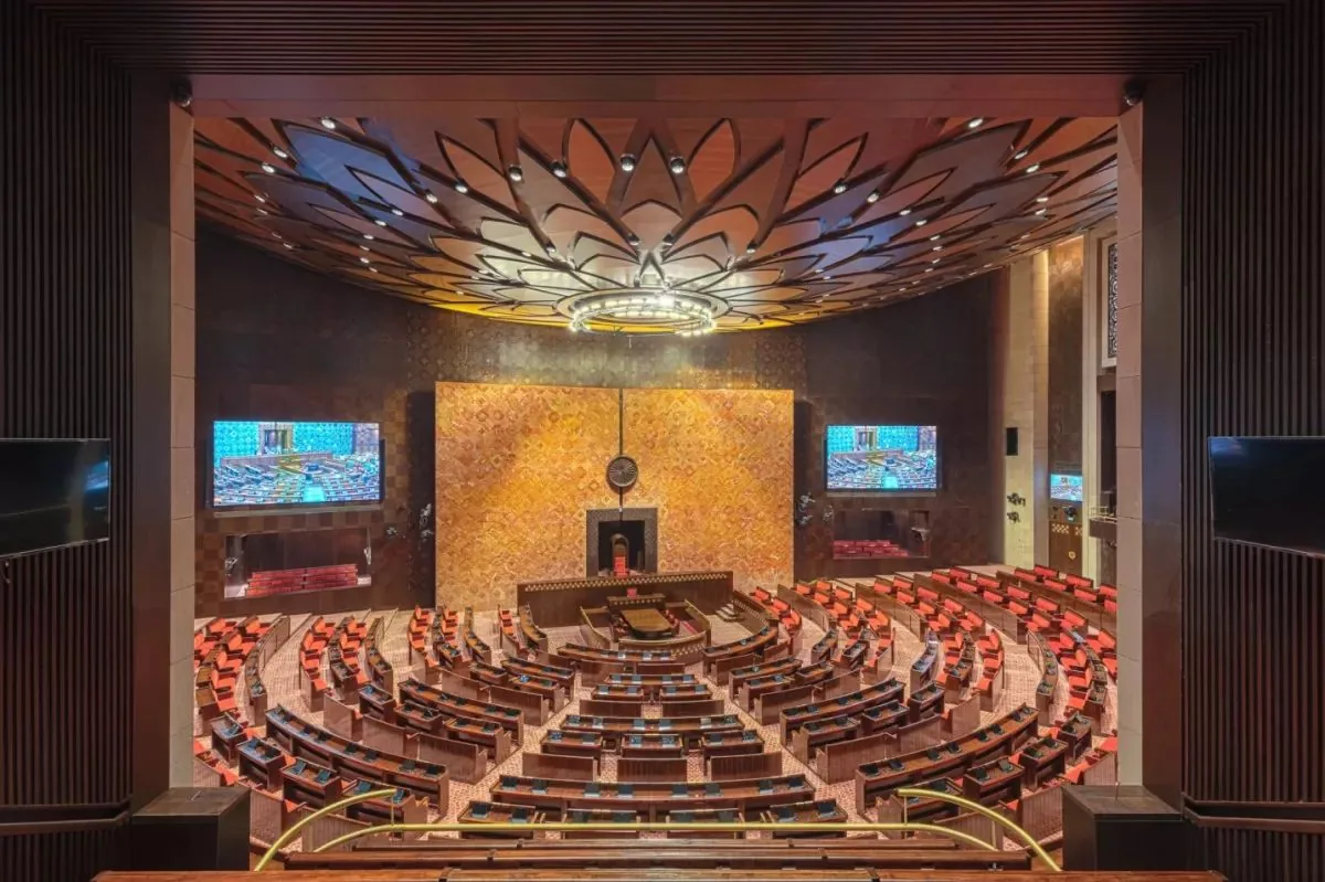 Rajya Sabha chamber in the new Parliament building, where the bypoll winner will sit